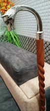 Handcrafted Wolf Head Wooden Walking Stick Silver Handle Antique Spiral Cane