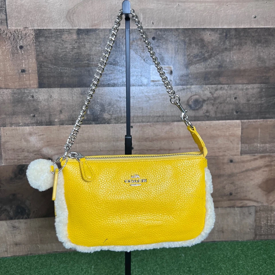 Coach Yellow Leather Shearling Trim Chain Strap Baguette Shoulder Bag Womens - Image 3 of 4