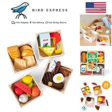 Wooden Play Food Set with Crates for Kids Ages 3 Healthy Meal Sorting
