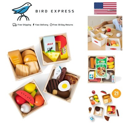 Wooden Play Food Set with Crates for Kids Ages 3+ Healthy Meal Sorting