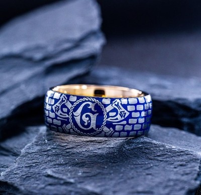 Viking Norse Battle Ring with Personalized Initial and Blue Enamel Ring, 9mm Ros