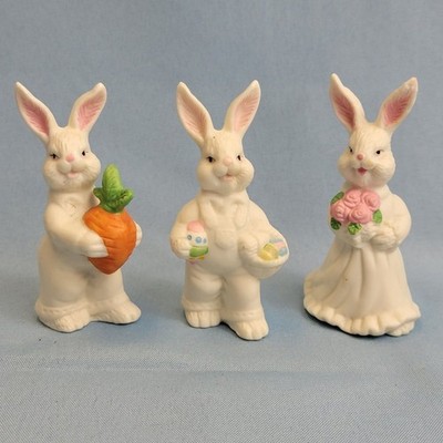 Set of 3 Ceramic Easter Bunny Figurines Spring Decor