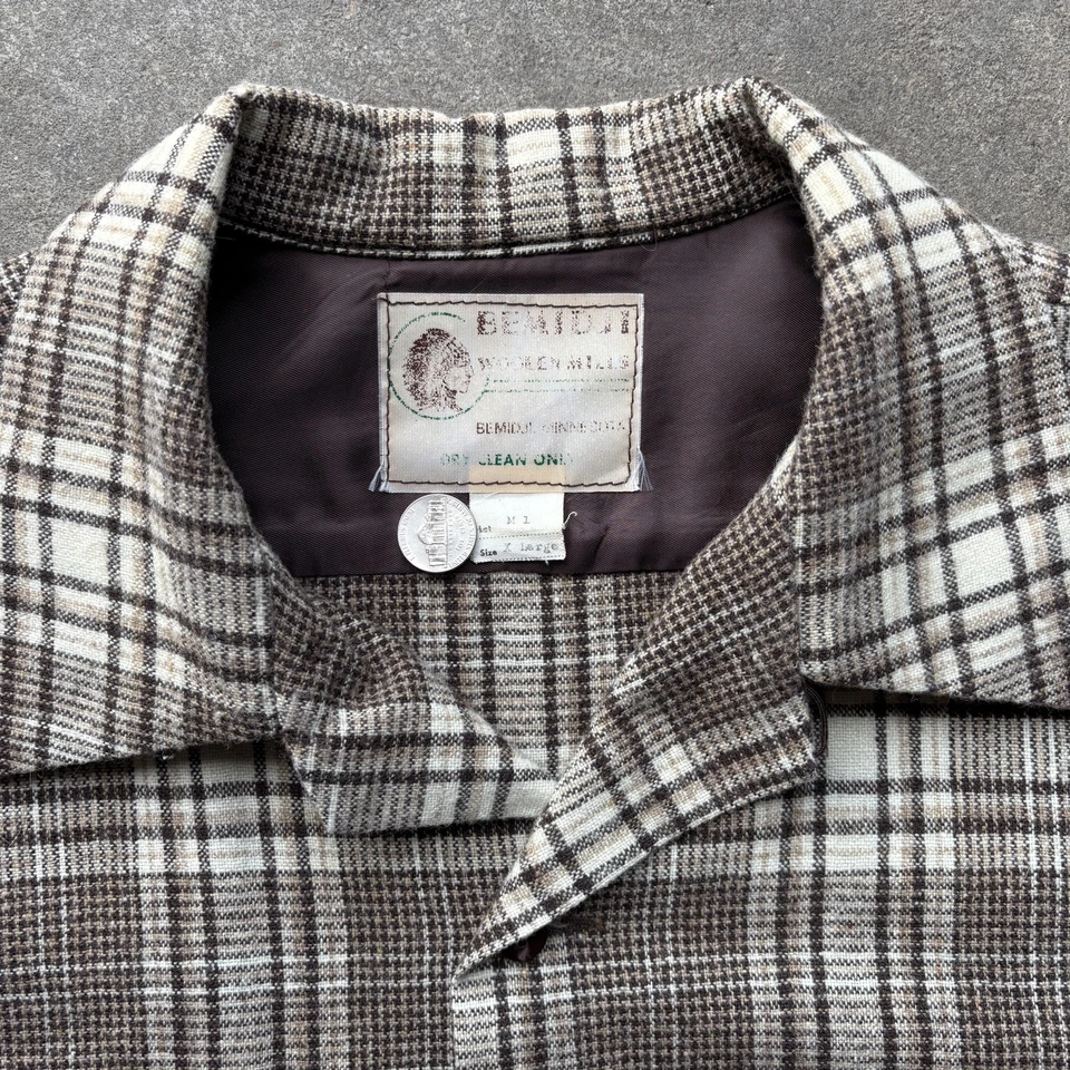 Camisa de Colección Años 60 Sombra A Cuadros Lana Cuello Lazo Abotonada Talla XL HECHA EN EE. UU. Foto 3 de 4