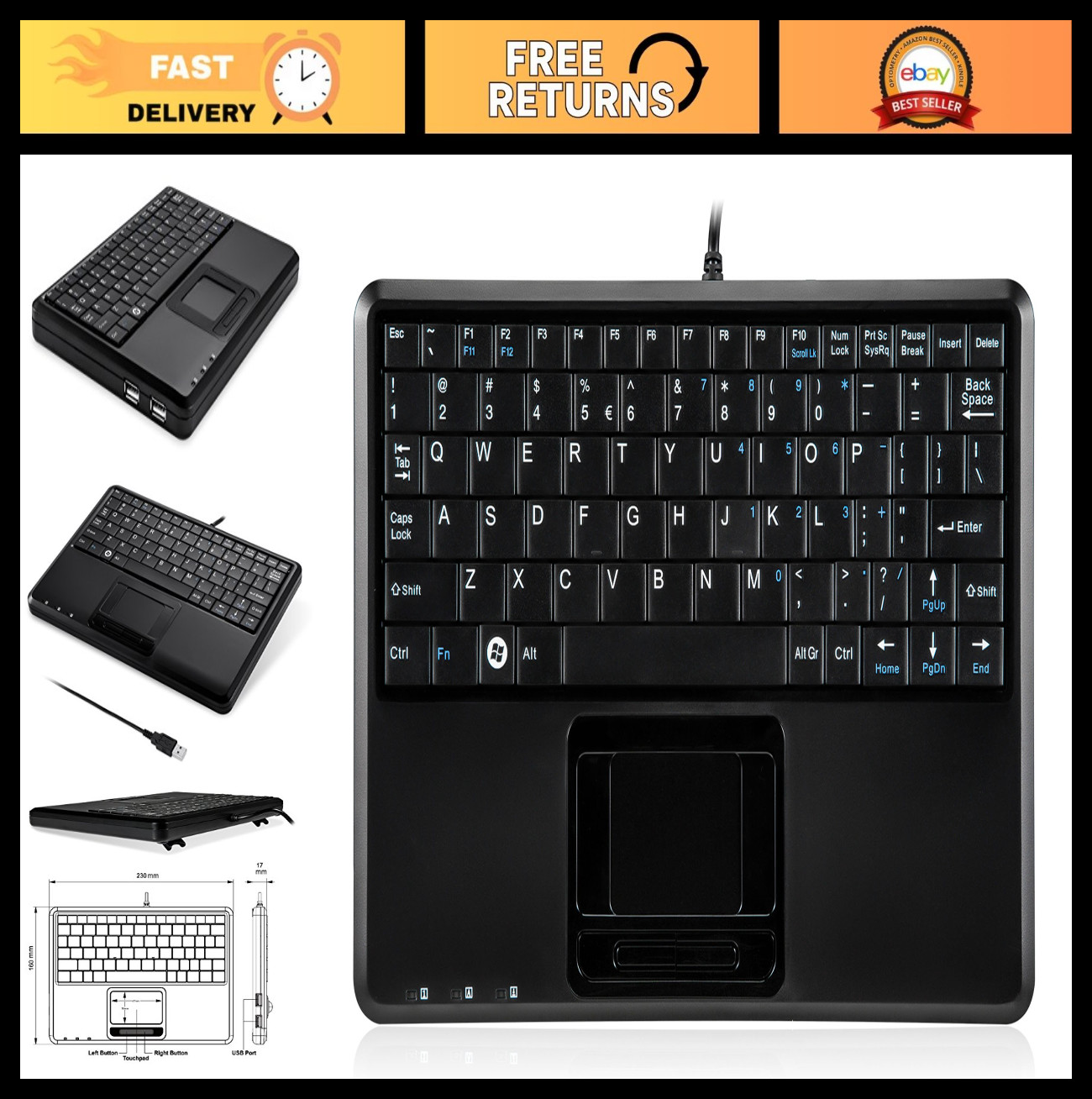 Wired Super Mini USB Touchpad Keyboard, X Type Scissor Keys, 2 USB Hubs, Black