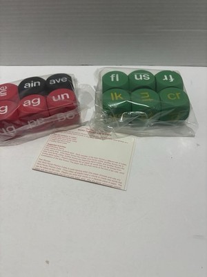 12 New Phonics Cubes. 3 two-letter, 3 three-letter, 4 beginning, 2 ending.
