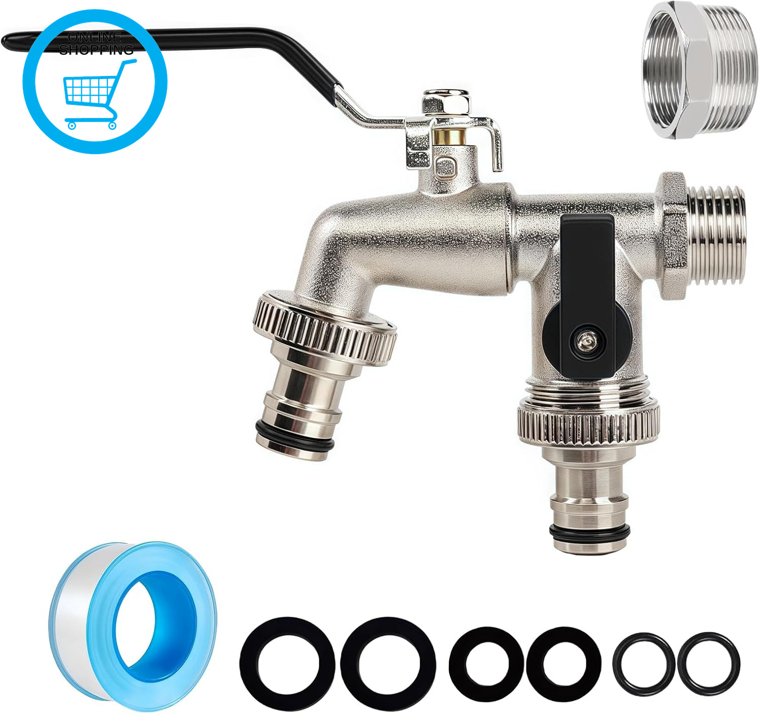 Black Double Garden Tap, 2 Way Brass outside Tap with Hose Connector, Dual Outle