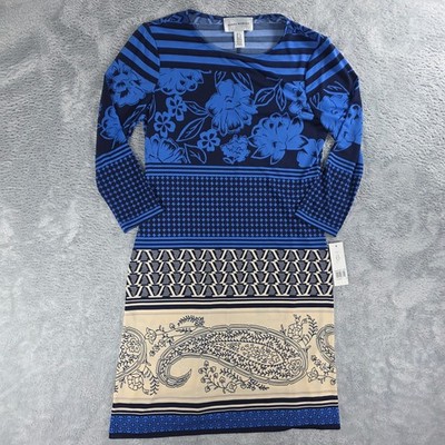 Donna Morgan Women 6 Blue Mixed Print Sheath Dress Floral Paisley 3/4 Sleeves