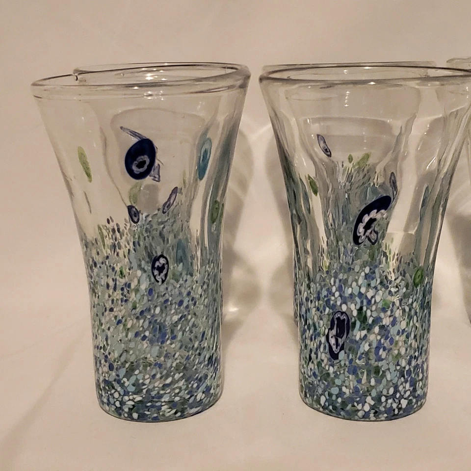 Amici Hand Blown Glass Highball Monet Blue Millefiori Abstract Lot Of 6 - Image 3 of 4
