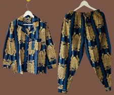 Indian Blue Cotton Tiger Print PJ Set Bridesmaid Pajama Set Women Nightwear Suit