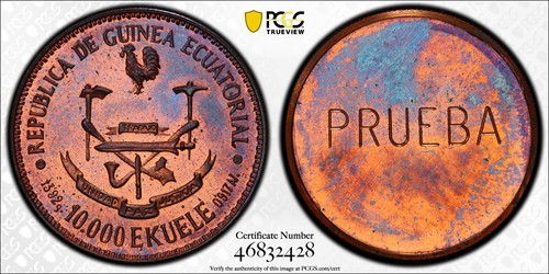 EQUATORIAL GUINEA , DUO COPPER UNIFACE 10,000 BIPK. 1978 PCGS SP65&66 (24) ,RARE - Picture 8 of 8