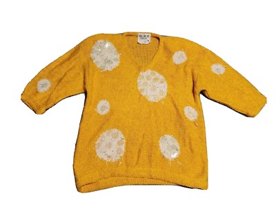VINTAGE  J D Sport Women's Yellow Sweater Size Med V Neck Short Sleeves W/Design