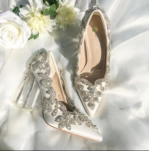 Womens Silk Satin Pointy Toe Diamante Crystal Block Heel Pump Wedding Shoes - Bild 8 von 8