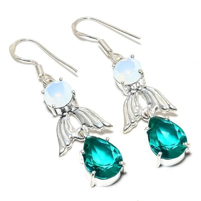 Ensemble Bijoux Argent - Collier Et Boucles D'oreilles Opale & Topaze Blanche - Neuf Sans Emballage