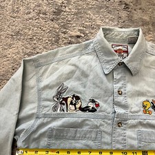 Vintage 90  s Looney Tunes WB Button Front Embroidered Denim Shirt Men S
