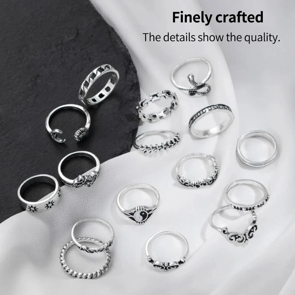 Anelli da donna Set 16 pezzi Anello Acciaio Colore Argento Serpente Catena Fiore - Immagine 2 di 4