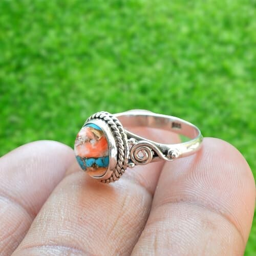 Oyster Copper Turquoise Ring Oval Shape 925 Sterling Silver Spiny Minimalist - Picture 3 of 4