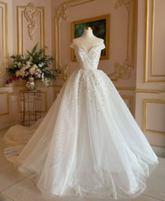White Ivory Elegant Wedding Dresses Off the Shoulder Beaded Bridal Gowns