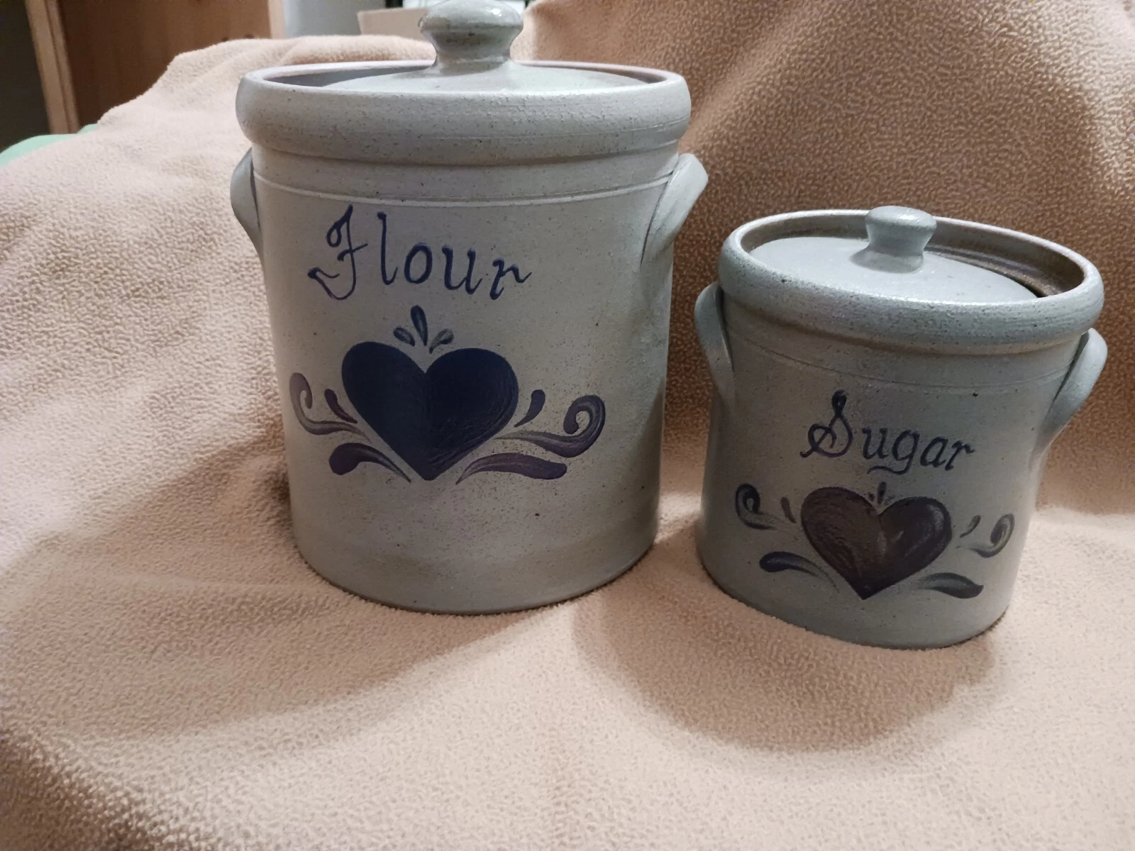 RARE Rockdale Union Stoneware 1993 2 PC Canister Set Glazed Stoneware Crock