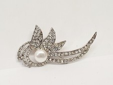 BulkLot 6pcs Party Flower Brooches Silver Colour with Pearl & Shine Rhinestones