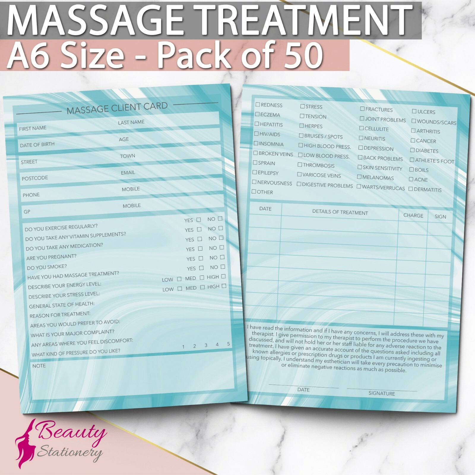 Massage Client Record Card Consultation Form PREMIUM Salon x50