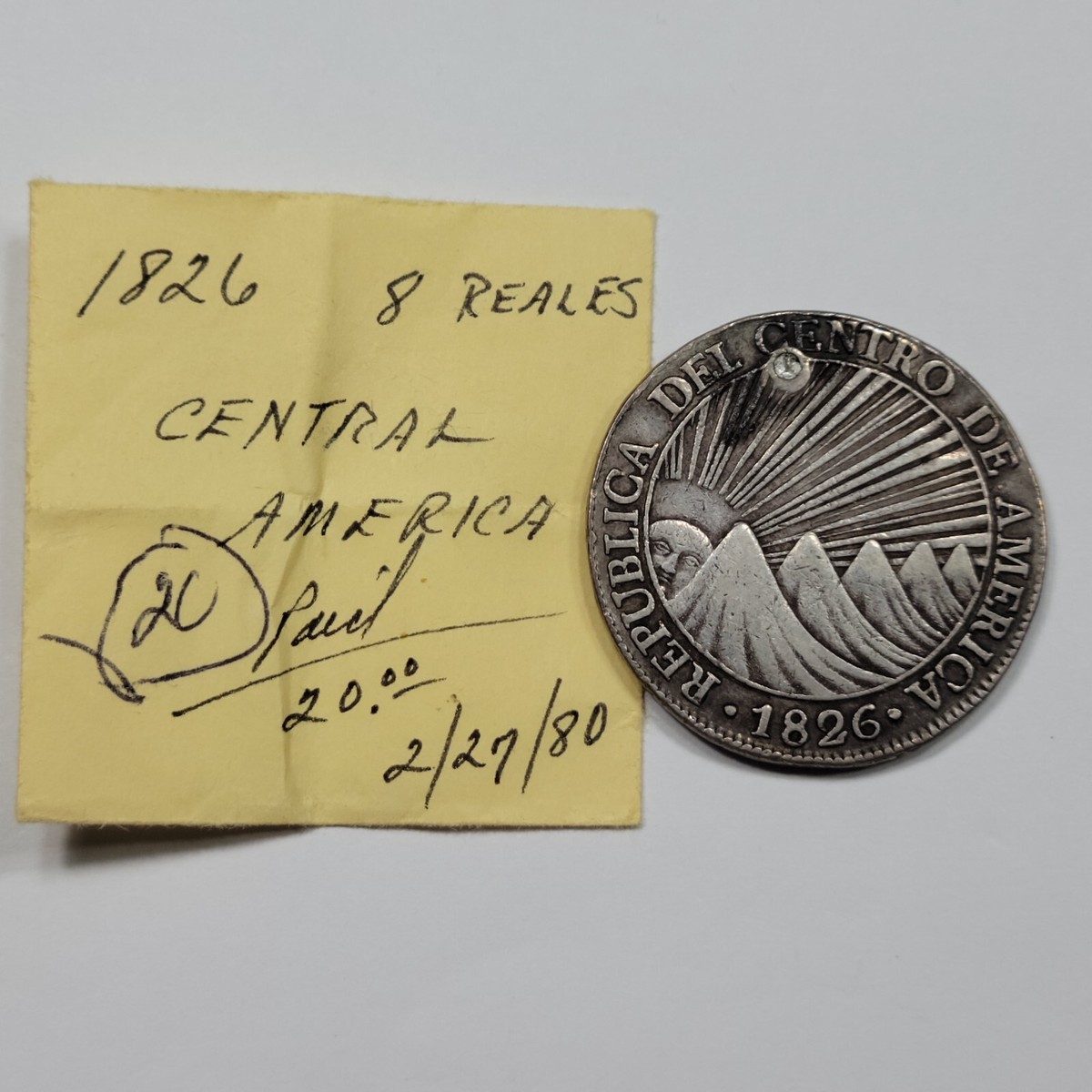 造幣局製 SILVER 89,9グラム 1826 CENTRAL AMERICAN REPUBLIC 8 Reales Large Silver Crown Plugged