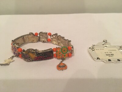 Vintage Metal & Enamel Halloween Ghost Pin And Halloween Bracelet