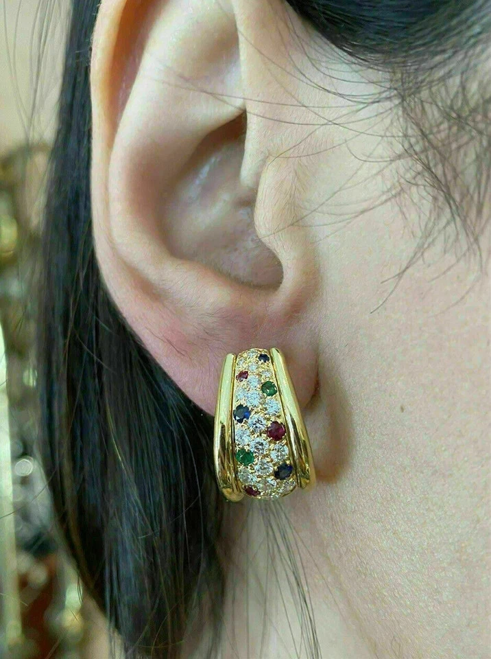 2Ct Round Cut Lab Created Diamond Cluster Huggie Earrings 14K Yellow Gold Plated - Image 3 of 3