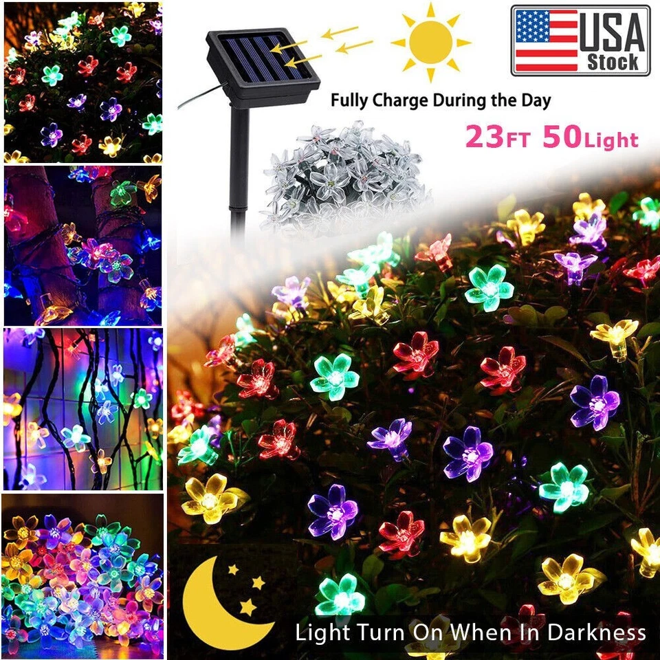 Solar Powered 100 LED 46FT Fairy String Flower Lights Outdoor Garden Waterproof - Image 3 of 4