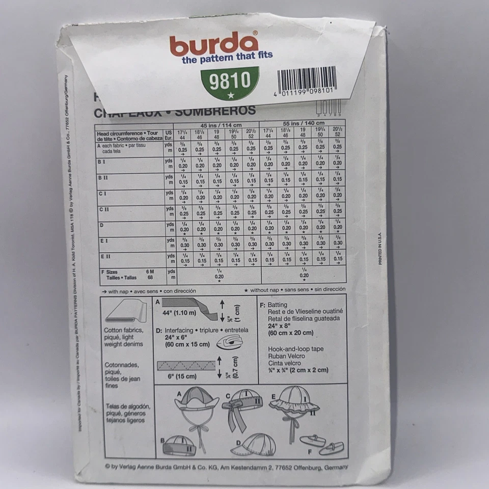 Burda 9810 Sewing Pattern Child Hat And Slippers Baby Toddler New Uncut - Image 2 of 3