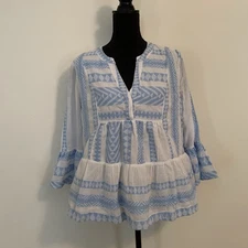 Crown And Ivy Blue White Boho Peplum Womens Pullover Blouse Bell Sleeve Cotton L