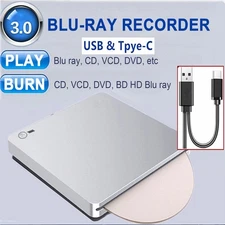 Blue ray Burner USB External BD-R BD DVD CD RW Disc Writer Movie Player Silver