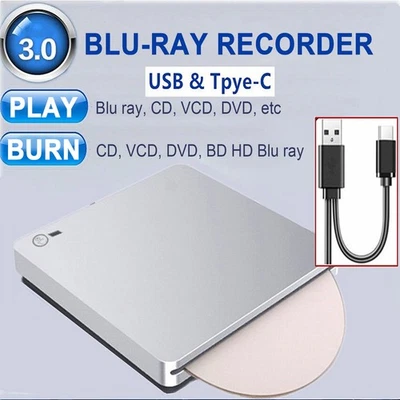 AMOTOPART Blue ray Burner USB External BD-R BD DVD CD RW Disc Writer Movie Player Silver