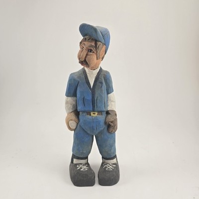 Vtg Folk Art Baseball Player Wood Hand Carved Pitcher #7 Blue Uniform Signed