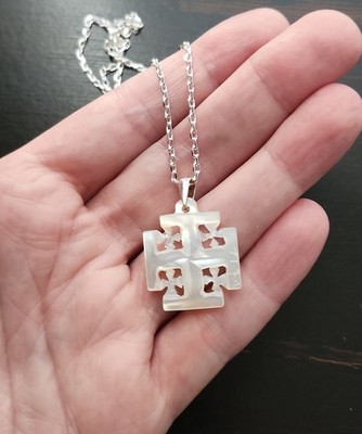 Vtg Mother of Pearl Maltese Cross Pendant Sterling Silver Necklace Jerusalem 