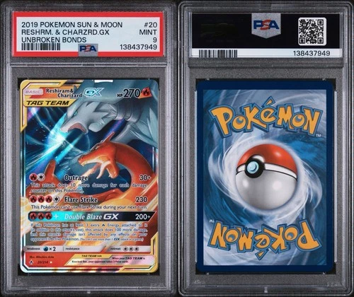 Pokémon TCG Reshiram & Charizard GX Holo Card 20/214 Unbroken Bonds PSA 9