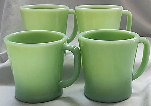4 Vintage FIRE KING Jadeite D Handle Oven Ware Coffee Cups, MUGS