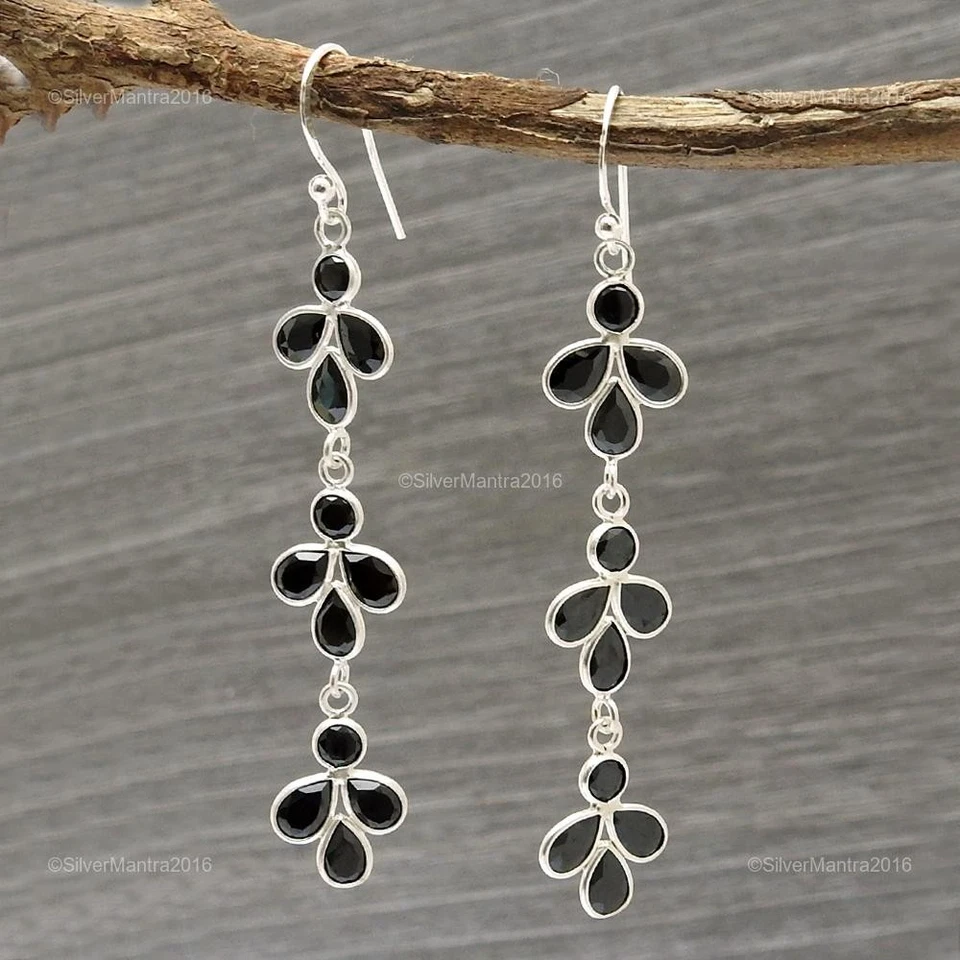 Naturale Nero Zircone Cubico 925 Argento Sterling Goccia Natale Regalo Orecchini - Immagine 4 di 4