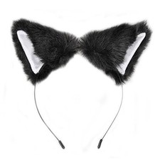 Long Fur Cat Ears Anime Cosplay Headband Hairband Black With White Inside