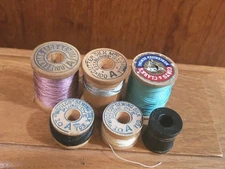 Antique Vtg Wood Spool Thread Lot Silk Cotton Bobbin