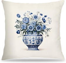 Chinoiserie Vase Peony Floral Pillow Covers 18X18, Blue and White Porcelain Flow