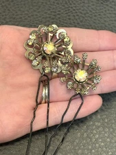 Set Of 2 Rare Vintage Ornate AB Rhinestone Hair JEWELRY Bobby Pins