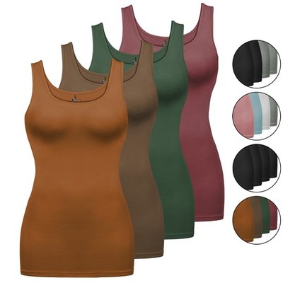 Damen Tops 4er Set Basic Long Tank Top Longtop Einfarbig Stretch Baumwolle