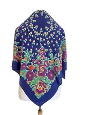 H74 Vintage Flower Print Silk Scarf Blue Large Square 70s 80s Style