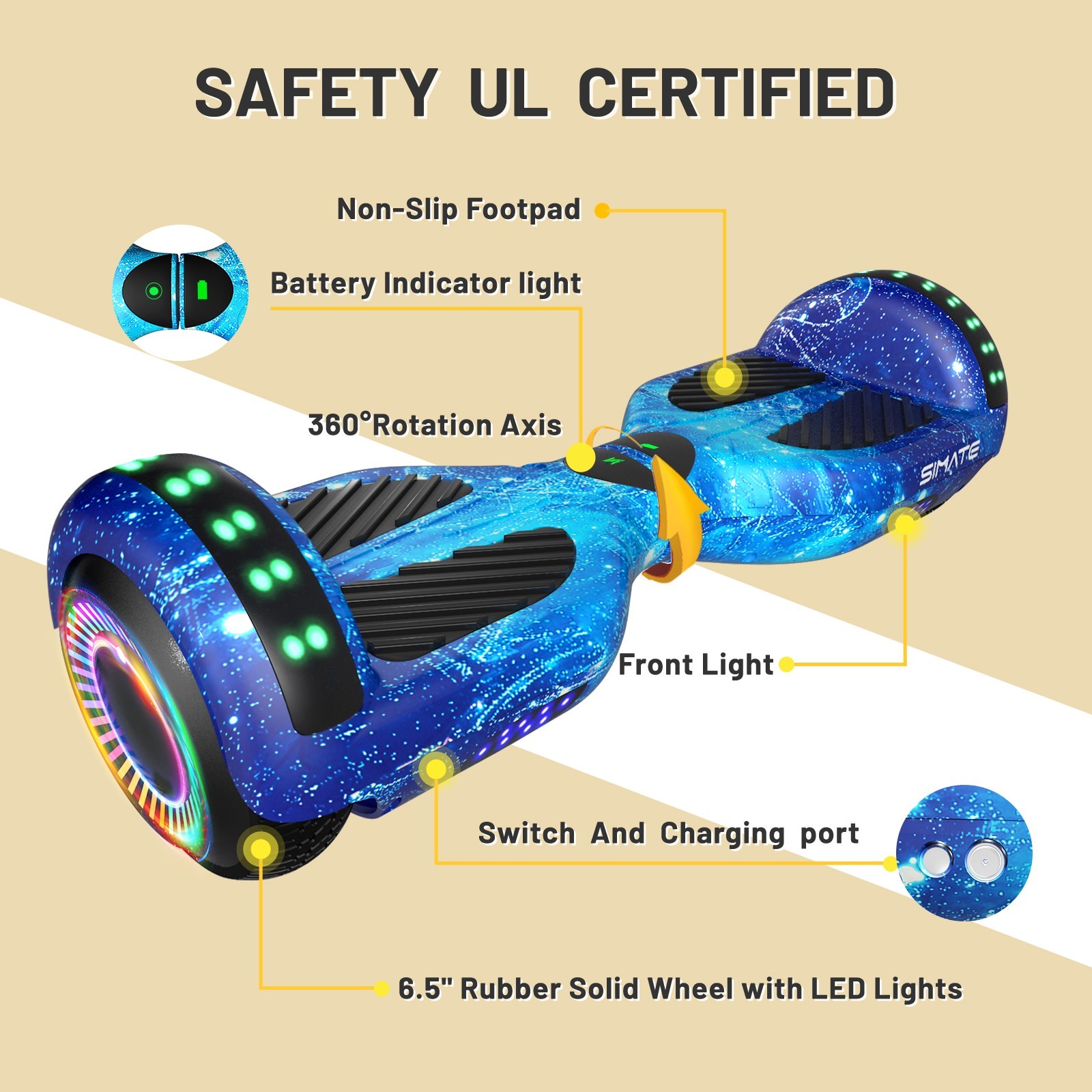 Hoverboard Electric for Kids Bluetooth Self-Balancing Scooter LED Light UL 2272