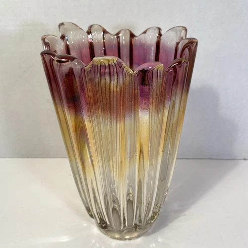 Vintage Federal Glass Co Vase Iridescent Celestial Moonglow Purple Ribbed 8”x5”