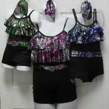 Ruffled Shorty Unitard Dance Costume 3 Foil Color choices Belt Adult Child Size