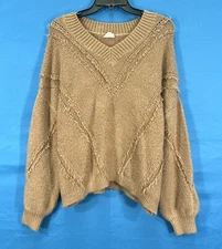 HEM & THREAD Tan MID-WEIGHT KNIT V-Neck FRAYED DETAIL Pullover SWEATER Sz S