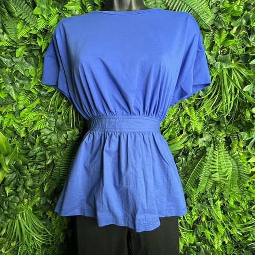 SANJOY Tops Women Small Blue Blouse Peplum Apron Tie Open Back Top NWT 0173 - Picture 6 of 13