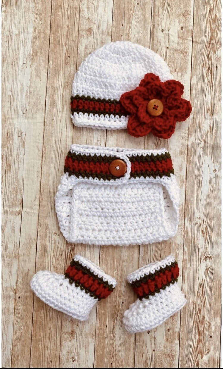 Crochet Newborn Baby Girl Flower Hat, Diaper Cover, and Booties Photo Prop Set