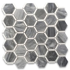 K325XP Bardiglio Gray Marble 2" Hexagon Tile Thassos White Strips Polished